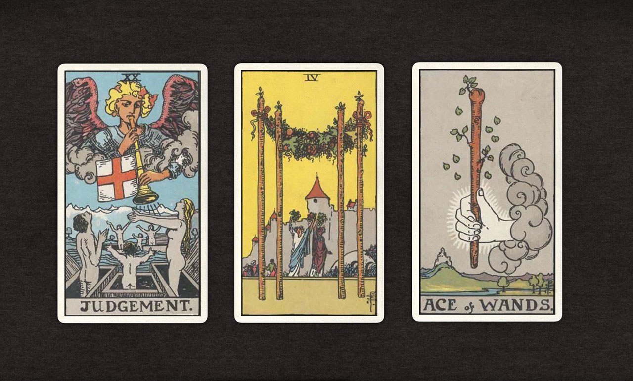 タロットカード、左から、審判、ワンド4、ワンドエース