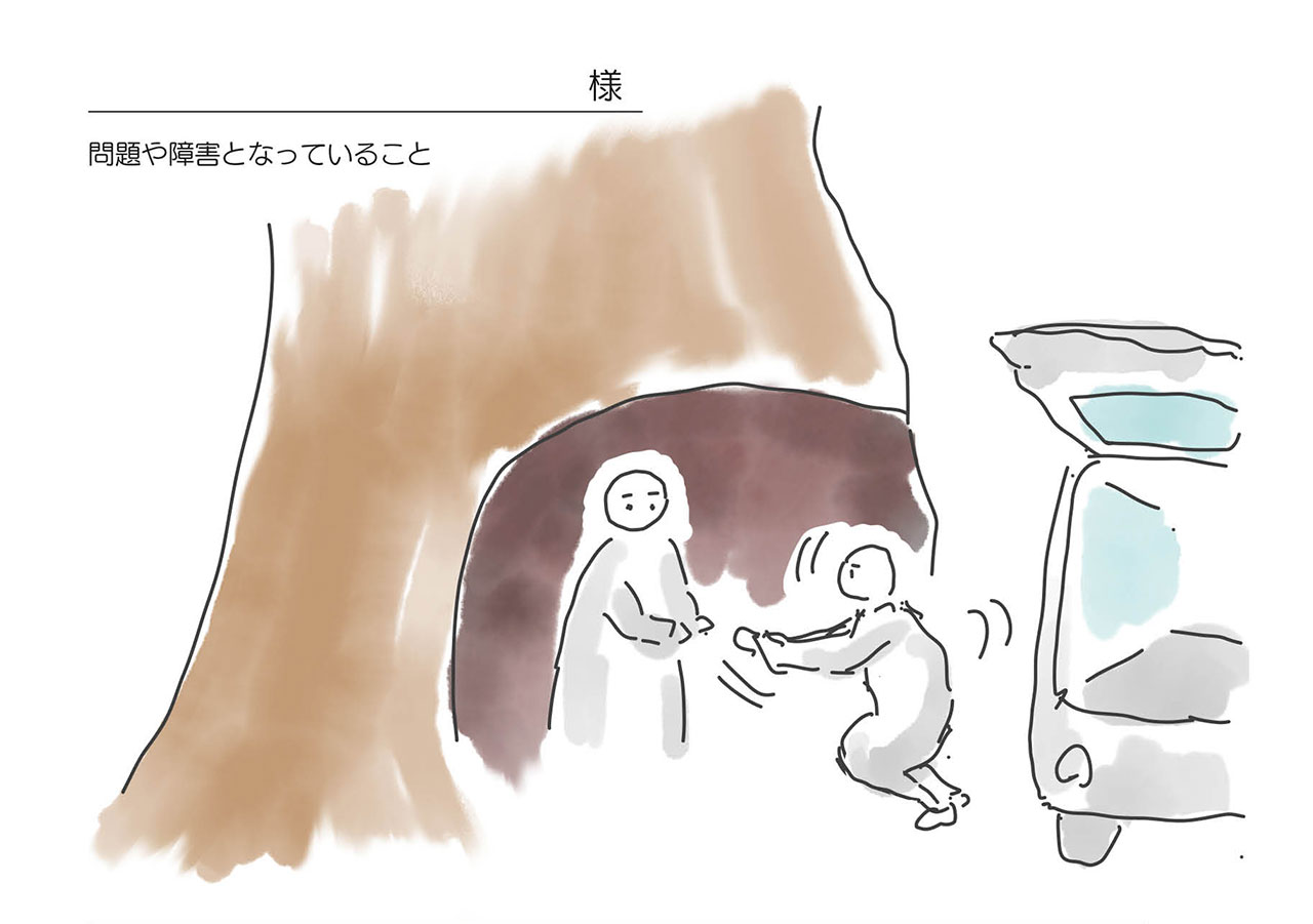 水晶リーディングで見えたイメージ。問題や障害となっていることとして見えたもの。木の大きなうろの中に人がいる。そこへ車で駆けつけた人がトランクから荷物を出して、その人に貢物をしている。